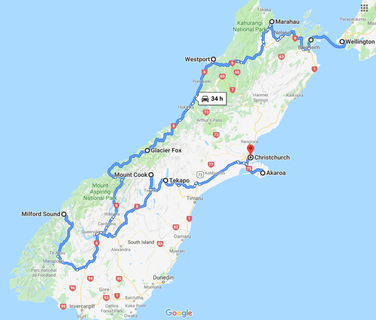 Itinéraire Ile Sud - Nouvelle Zélande