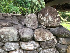 Murs de pierre empilées et petit pétroglyphe - Site d'Iipona - Hiva Oa - Iles Marquises - Polynésie